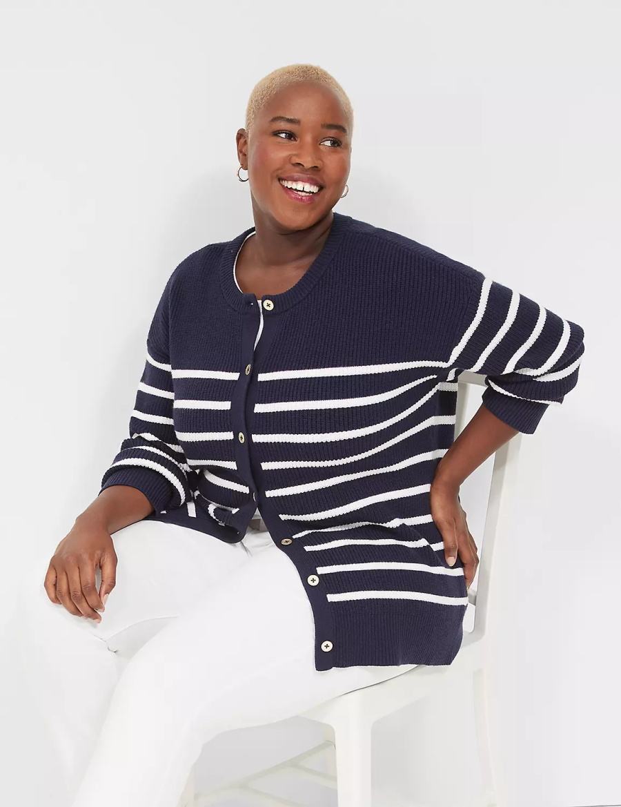 Women Lane Bryant Button-Front Stripe Cardigan Blue | BGF529ZO