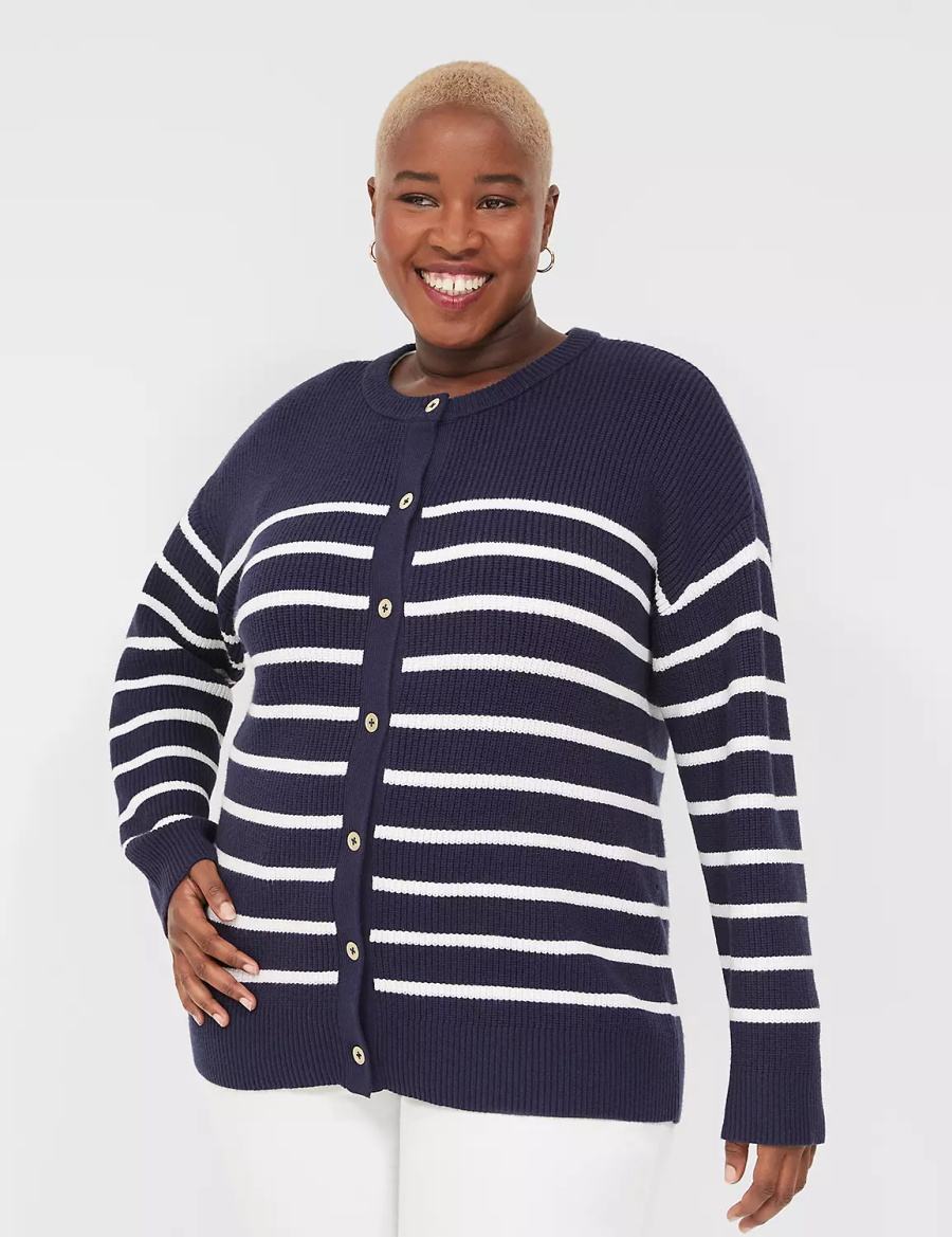 Women Lane Bryant Button-Front Stripe Cardigan Blue | BGF529ZO