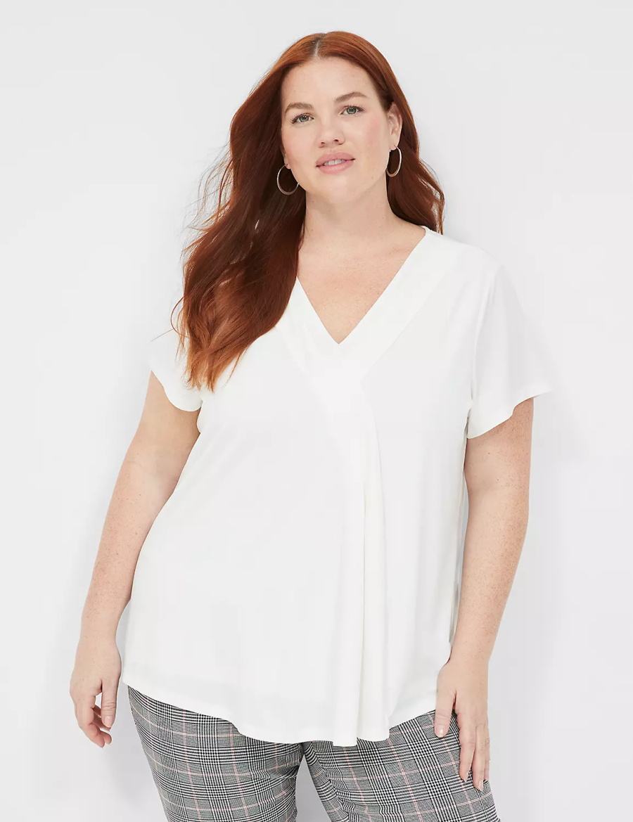 Women Lane Bryant Cap-Sleeve Pleat-Front Top T Shirts White | VMQ9868TA