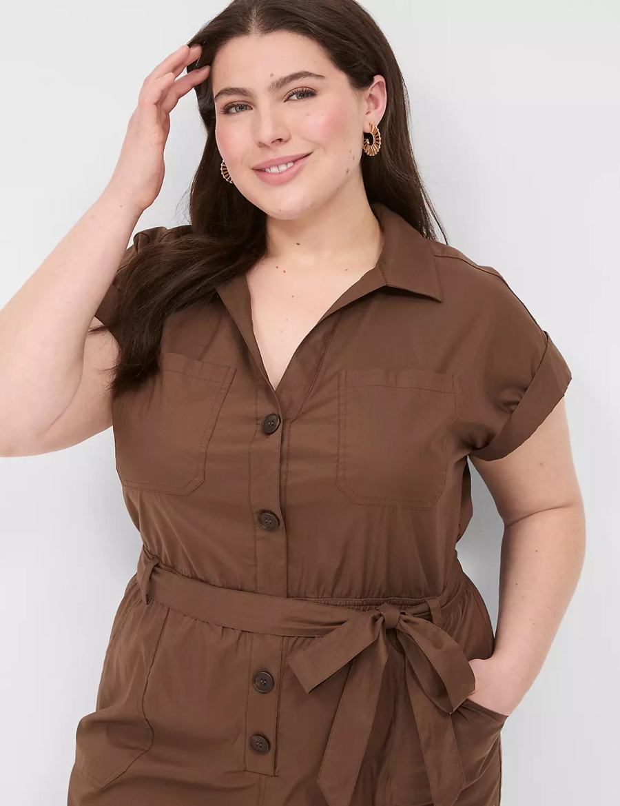 Women Lane Bryant Cap-Sleeve Utility Jumpsuit Brown | JIZ5032LV