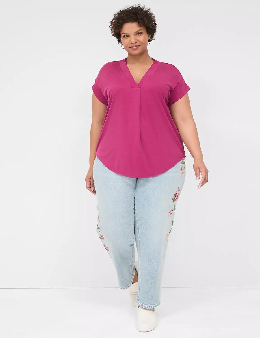 Women Lane Bryant Cap-Sleeve V-Neck Pleat-Front Top T Shirts Purple | GEQ2968ZG