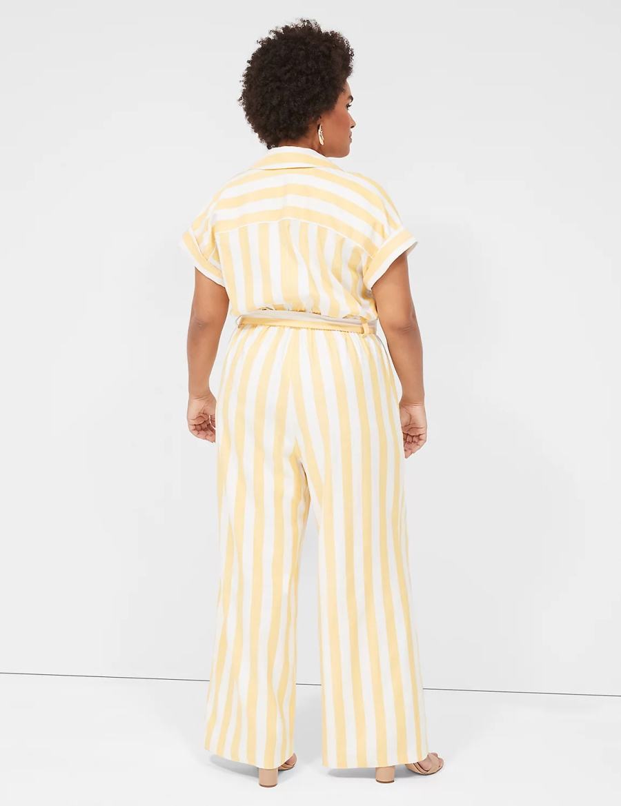 Women Lane Bryant Cap-Sleeve Y-Neck Utility Jumpsuit Yellow Stripes | DRX6675QU