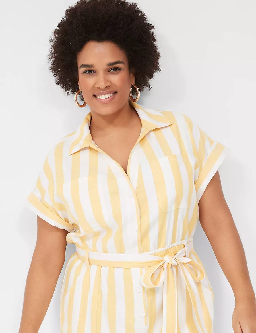 Women Lane Bryant Cap-Sleeve Y-Neck Utility Jumpsuit Yellow Stripes | DRX6675QU