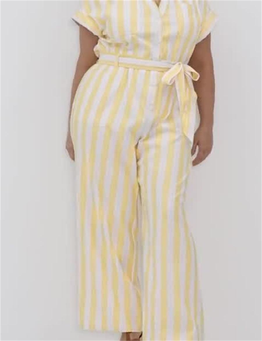 Women Lane Bryant Cap-Sleeve Y-Neck Utility Jumpsuit Yellow Stripes | DRX6675QU