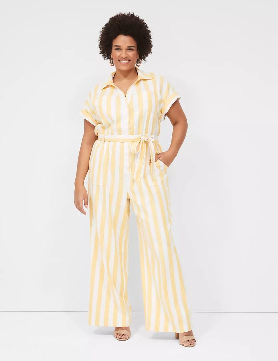 Women Lane Bryant Cap-Sleeve Y-Neck Utility Jumpsuit Yellow Stripes | DRX6675QU