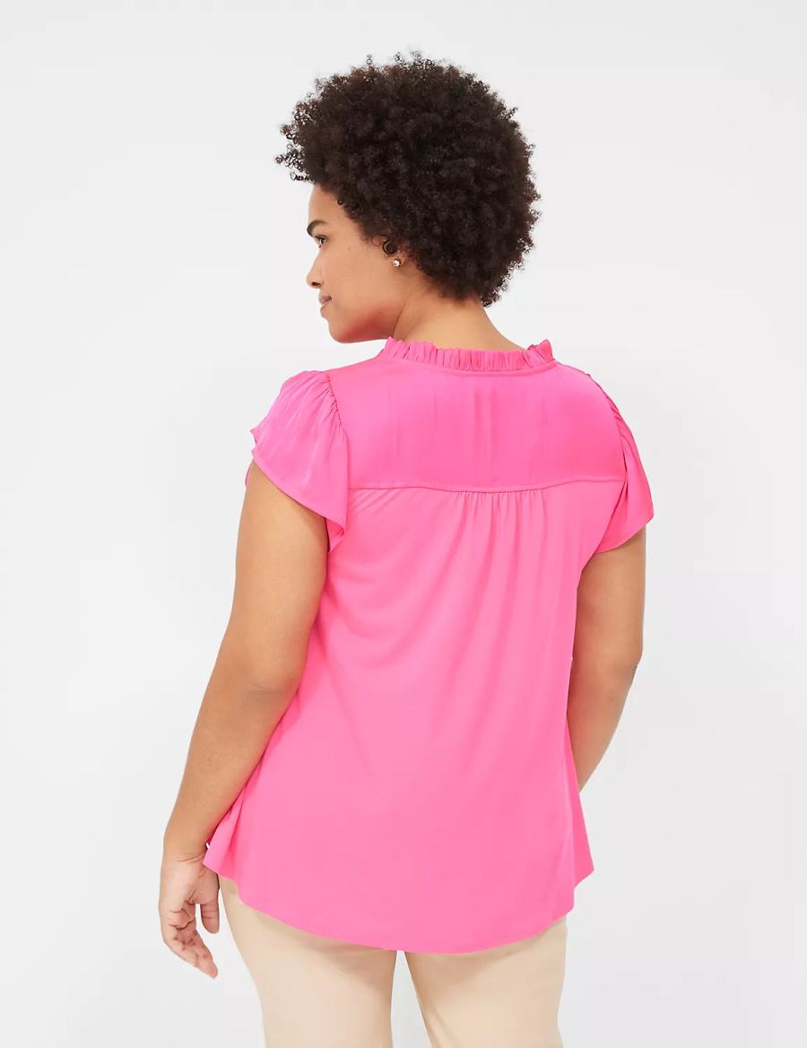 Women Lane Bryant Cap Flutter-Sleeve Satin & Knit Top T Shirts Pink | EUX4069HG