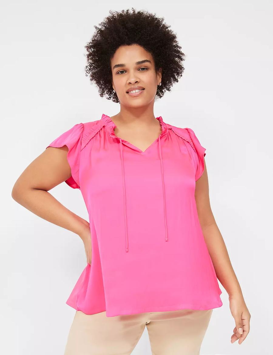 Women Lane Bryant Cap Flutter-Sleeve Satin & Knit Top T Shirts Pink | EUX4069HG