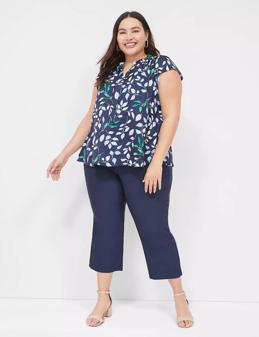 Women Lane Bryant Cap Flutter-Sleeve Satin & Knit Top T Shirts Navy | RVU72100TY