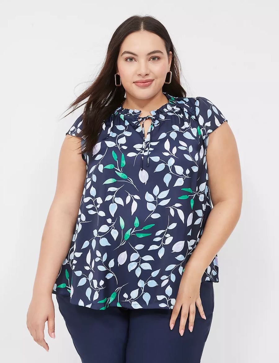 Women Lane Bryant Cap Flutter-Sleeve Satin & Knit Top T Shirts Navy | RVU72100TY