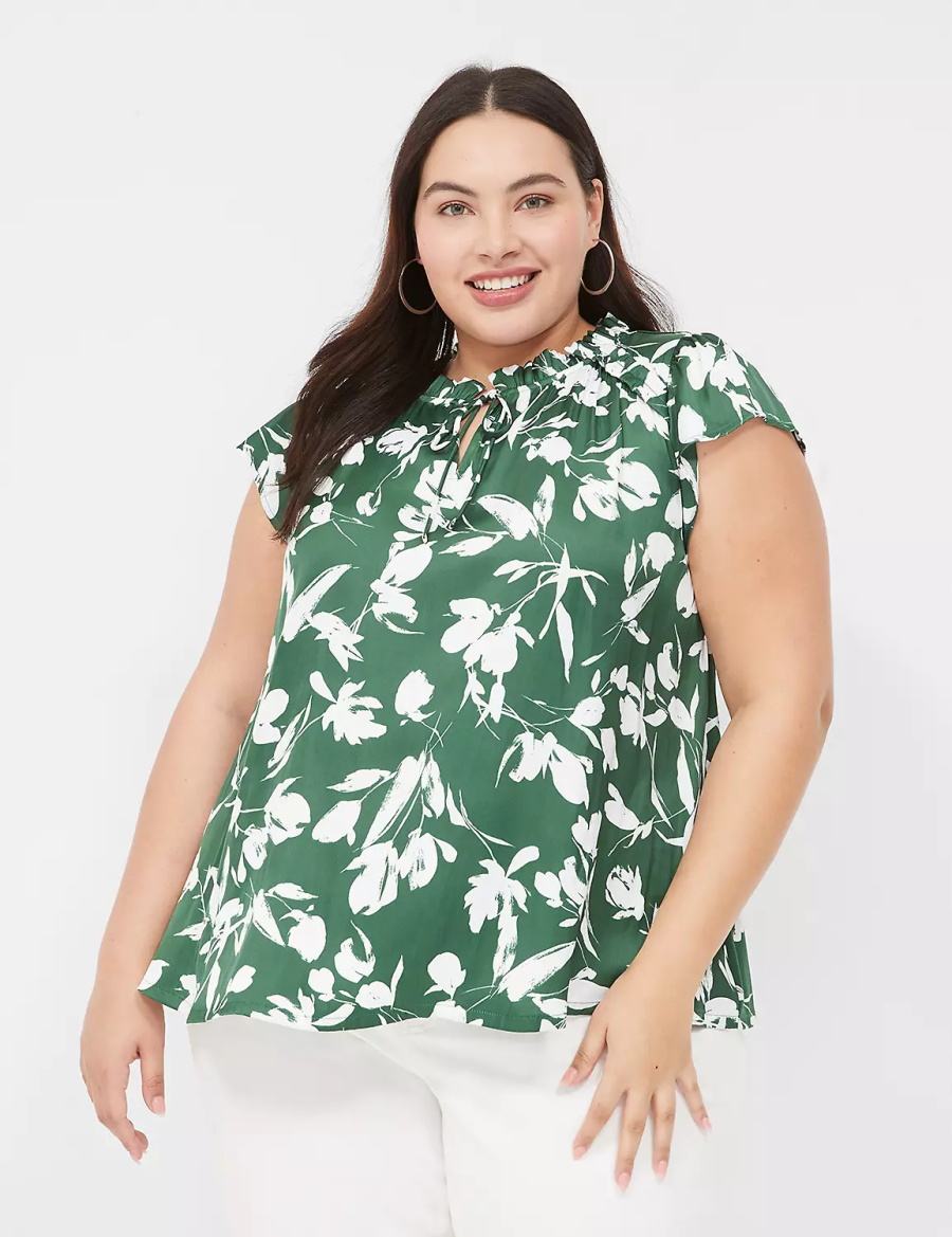 Women Lane Bryant Cap Flutter-Sleeve Satin & Knit Top T Shirts Green | ABK4634OA