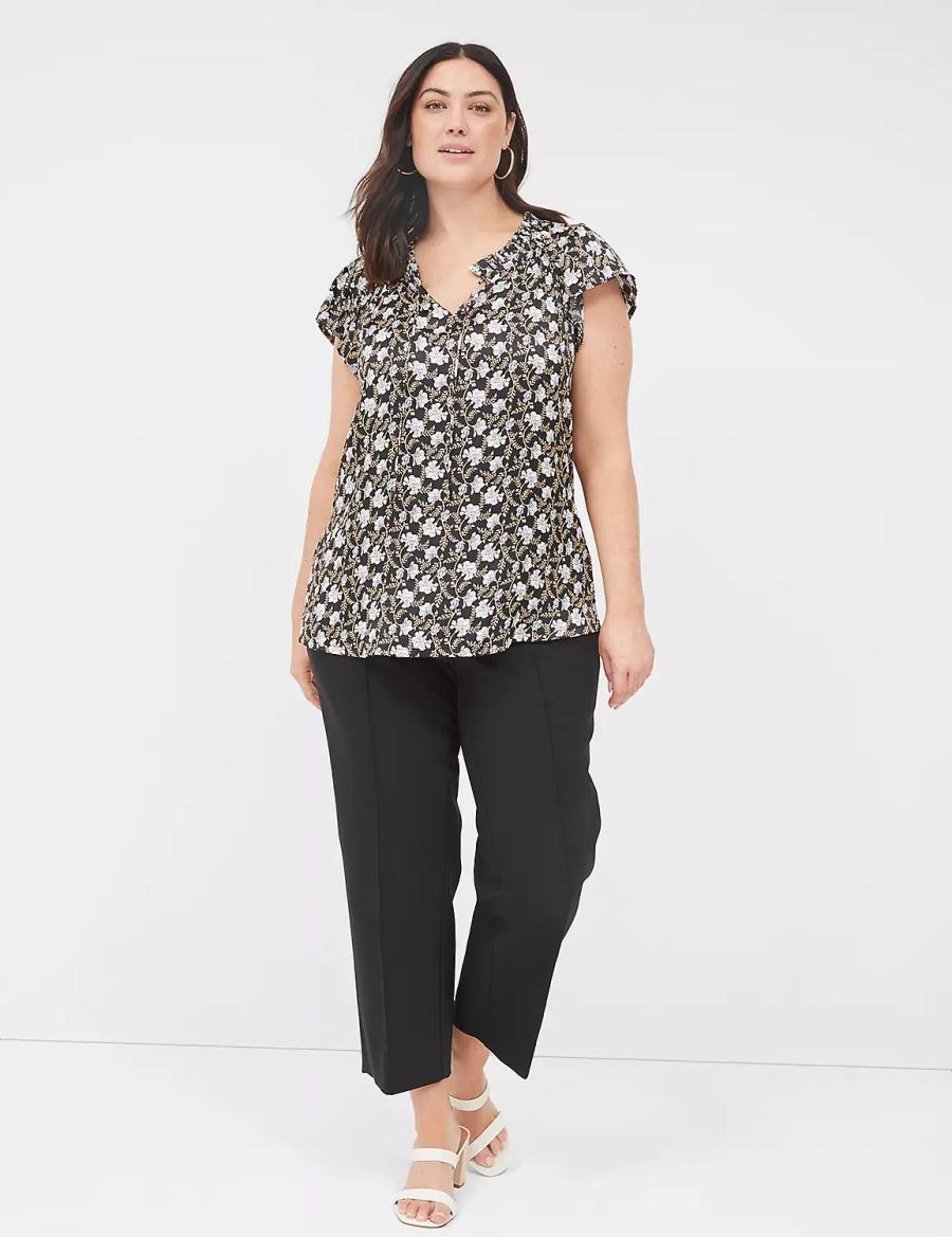 Women Lane Bryant Cap Flutter-Sleeve Satin & Knit Top T Shirts Black | WLI8580QP