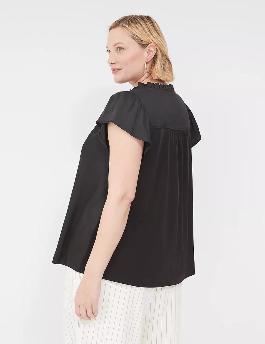 Women Lane Bryant Cap Flutter-Sleeve Satin & Knit Top T Shirts Black | WTH8146WA