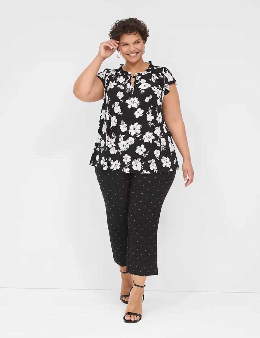 Women Lane Bryant Cap Flutter-Sleeve Top T Shirts Black White | UEZ839RQ