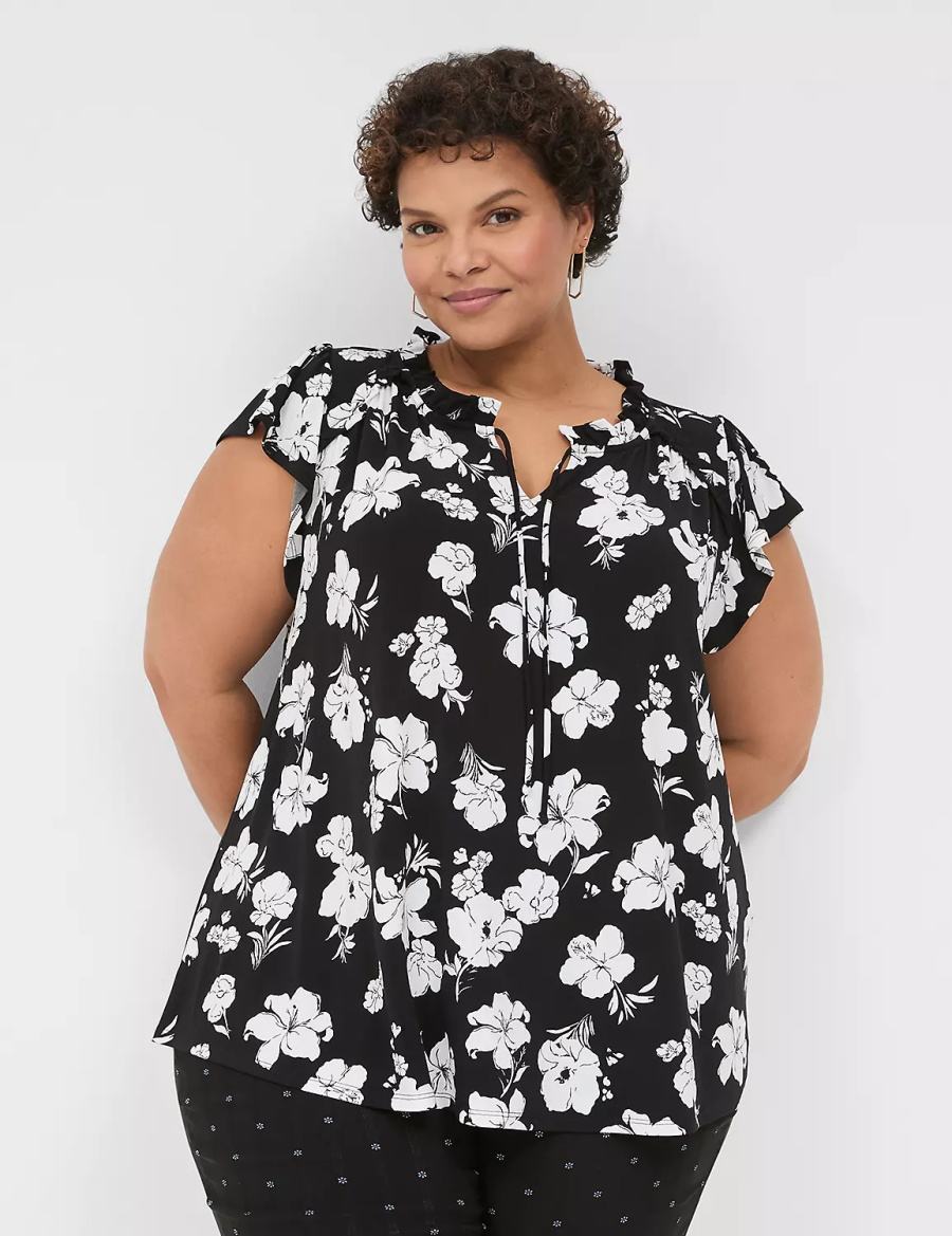 Women Lane Bryant Cap Flutter-Sleeve Top T Shirts Black White | UEZ839RQ