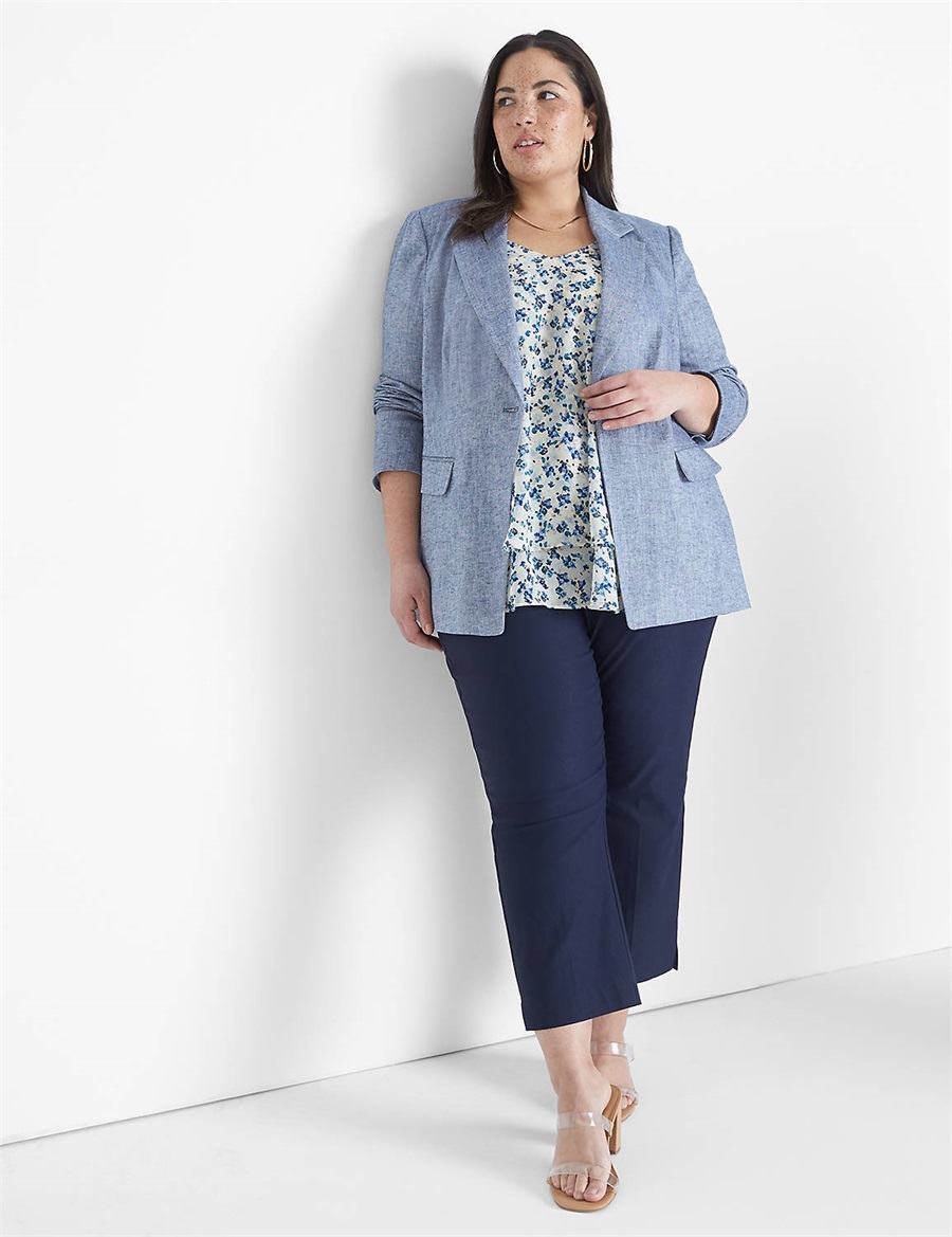 Women Lane Bryant Chambray Linen Long-Sleeve Blazers Blue Grey | TWC9537FD