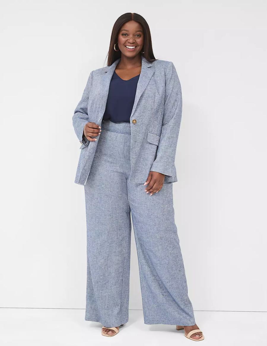 Women Lane Bryant Chambray Linen Long-Sleeve Blazers Blue Grey | TWC9537FD