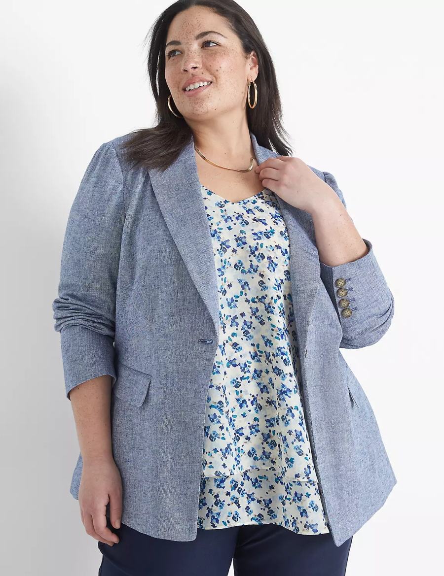 Women Lane Bryant Chambray Linen Long-Sleeve Blazers Blue Grey | TWC9537FD