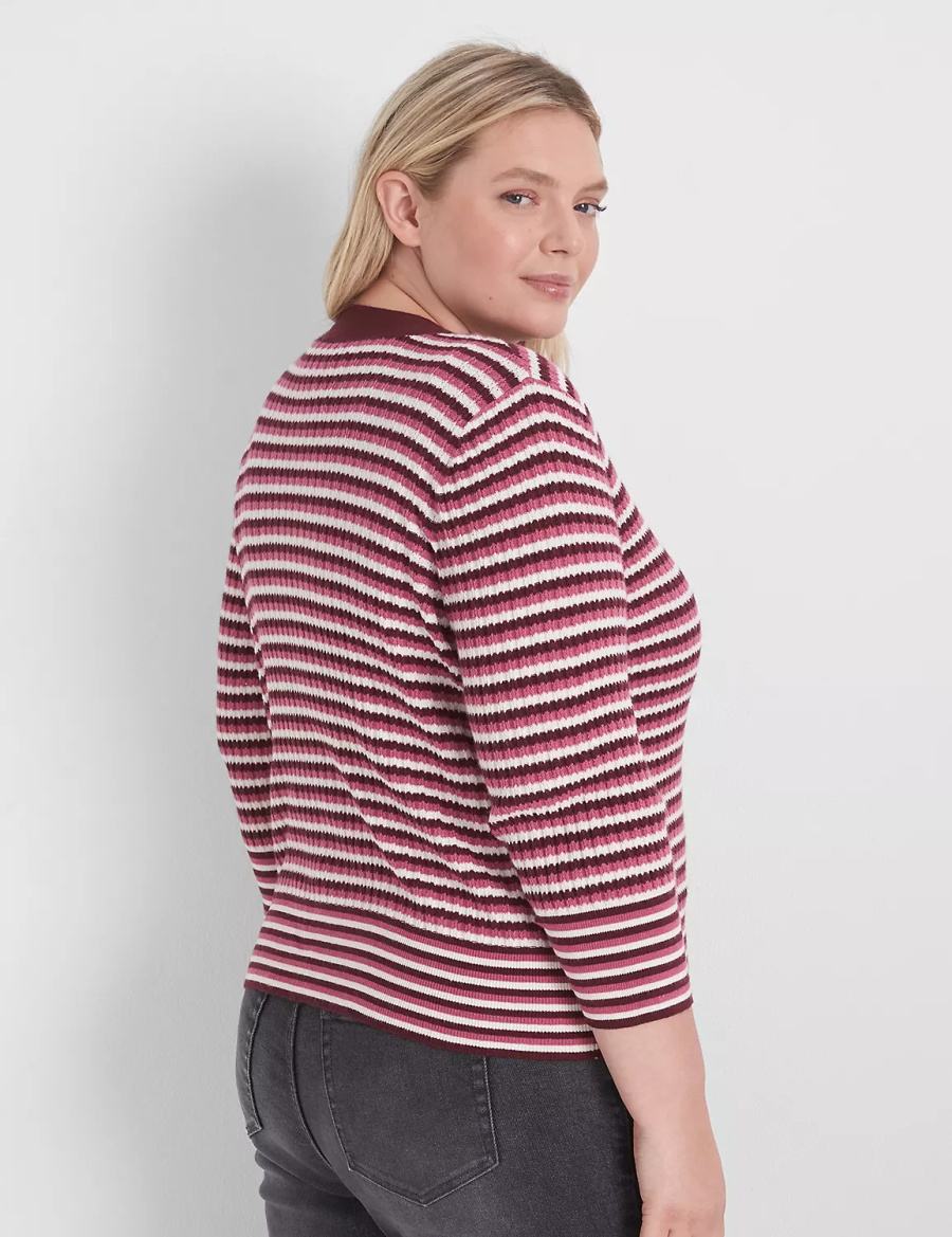 Women Lane Bryant Classic 3/4-Sleeve V-Neck Button-Front - Stripe Cardigan Red | IFY2840LZ