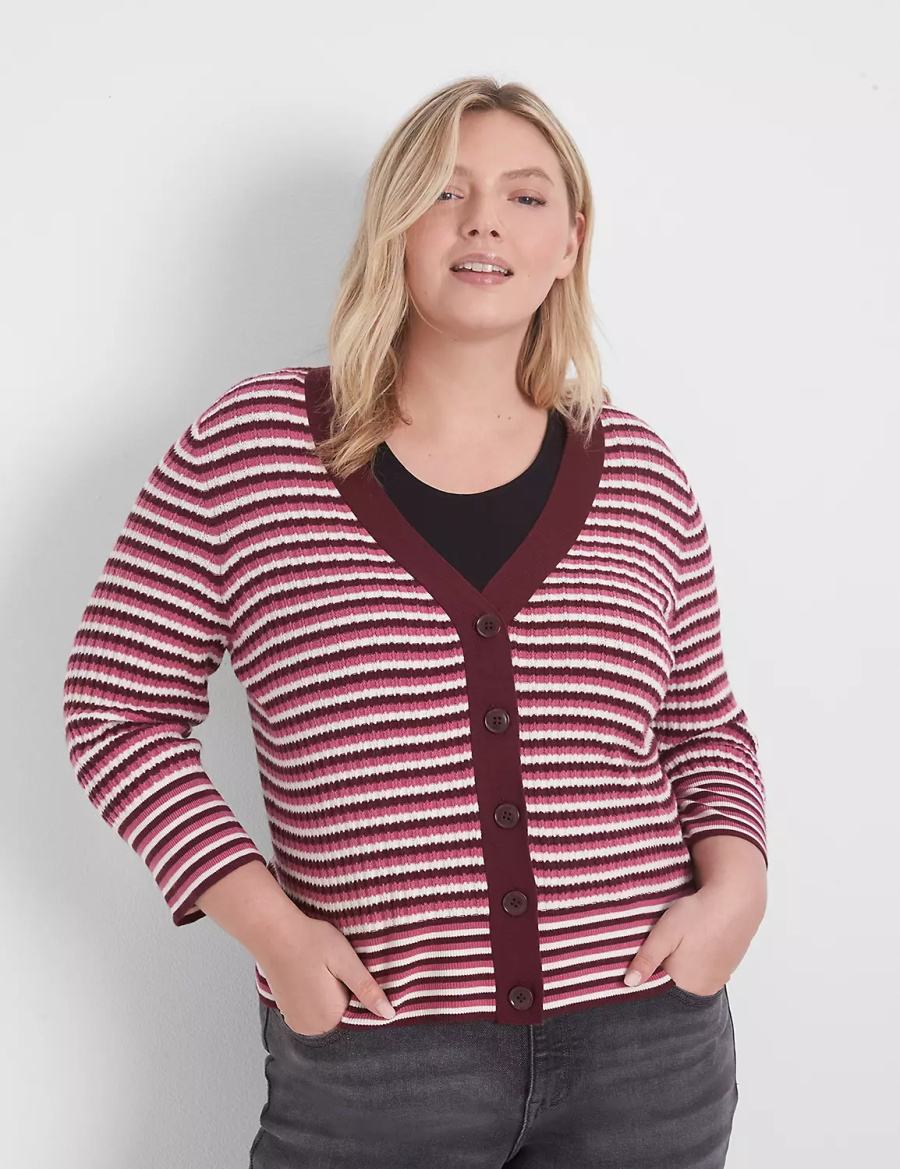 Women Lane Bryant Classic 3/4-Sleeve V-Neck Button-Front - Stripe Cardigan Red | IFY2840LZ