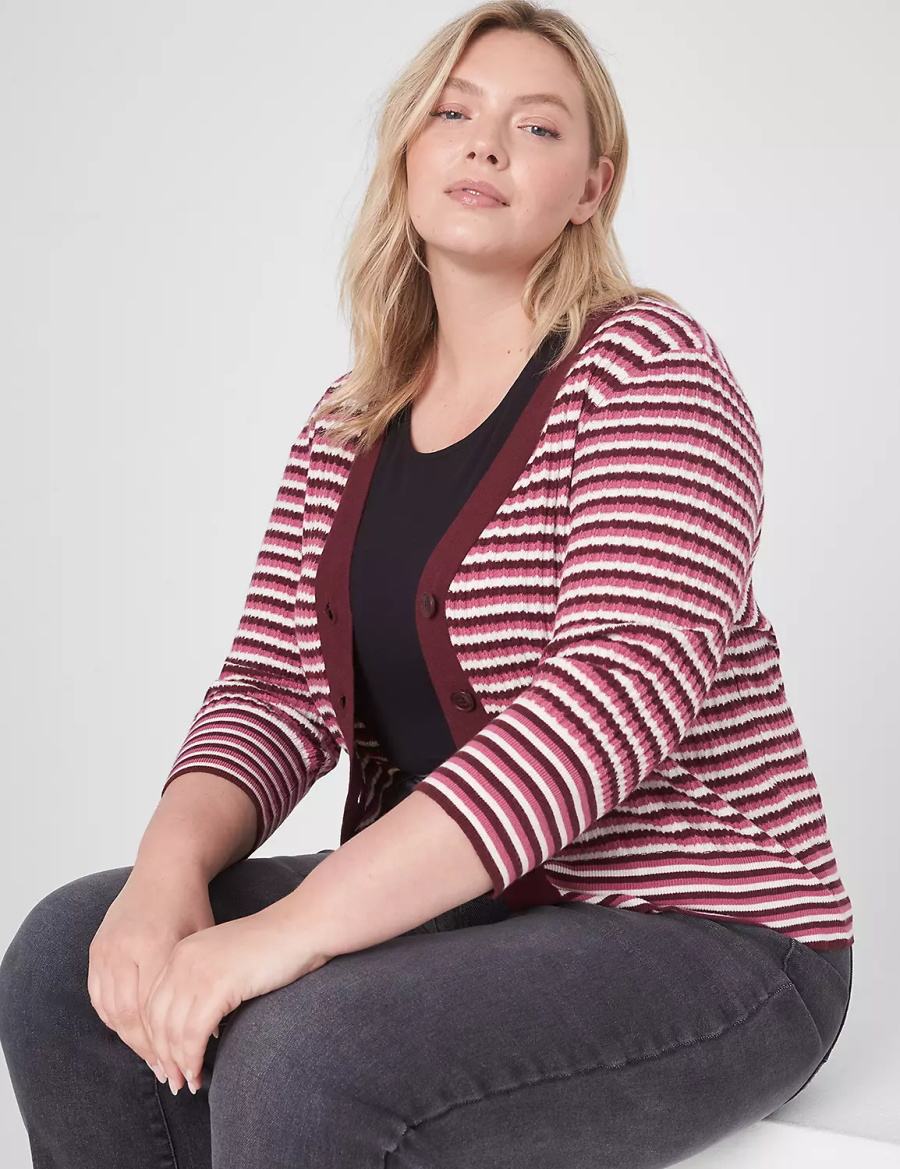 Women Lane Bryant Classic 3/4-Sleeve V-Neck Button-Front - Stripe Cardigan Red | IFY2840LZ