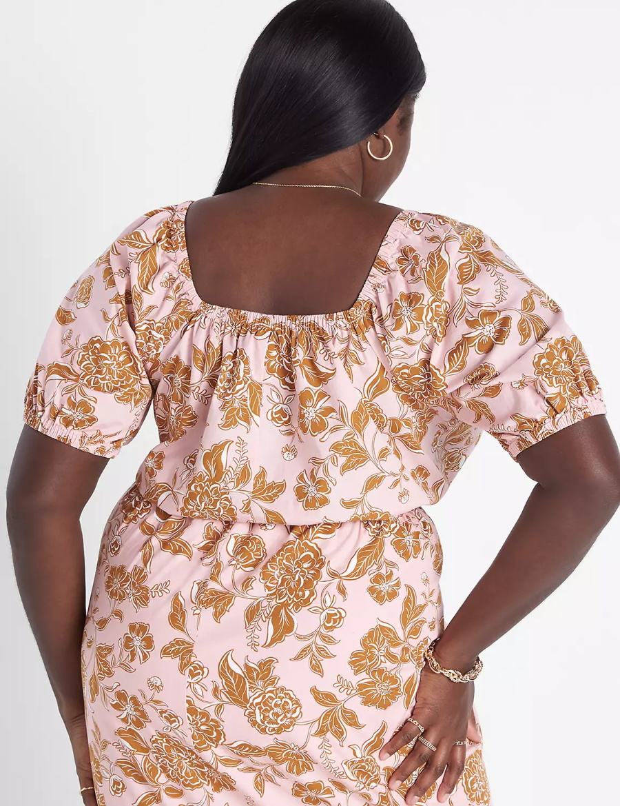 Women Lane Bryant Classic Crop Square-Neck Puff-Sleeve Top T Shirts Orange Multicolor | ILG5712RU