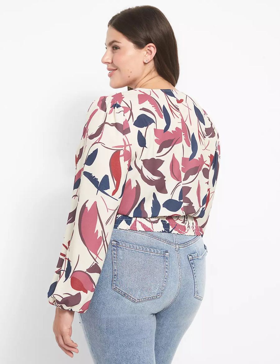 Women Lane Bryant Classic Long-Sleeve Surplice-Neck Shirred-Waist Crop Blouse White Multicolor | CIK594IX