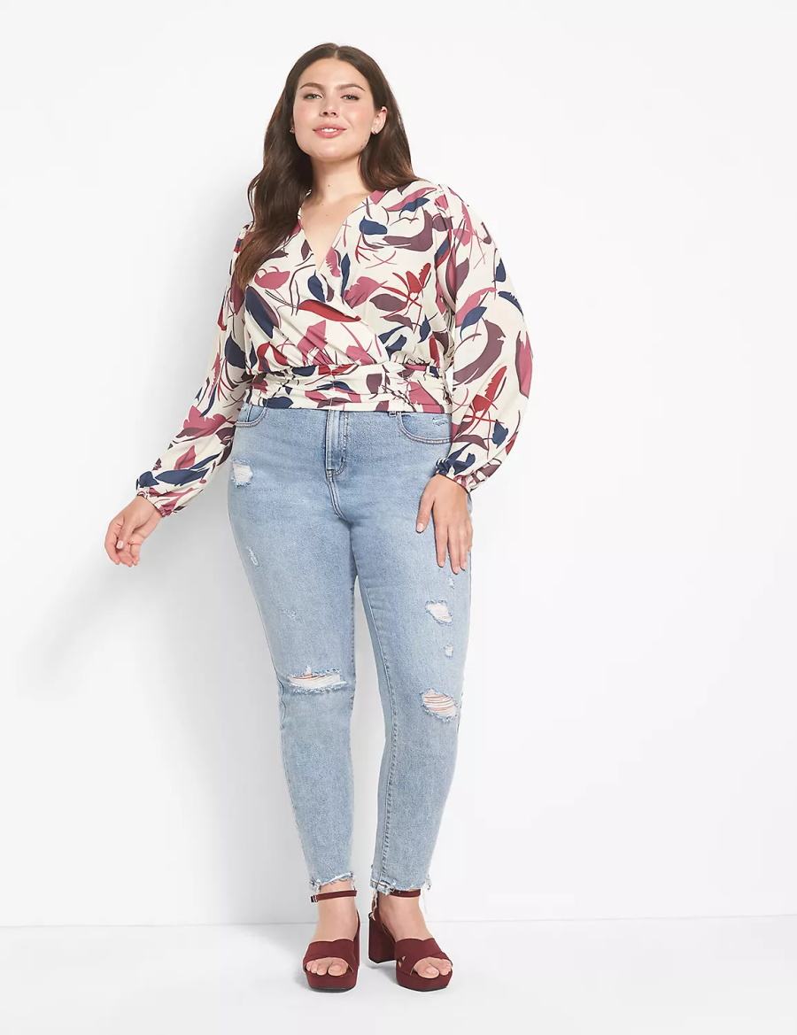 Women Lane Bryant Classic Long-Sleeve Surplice-Neck Shirred-Waist Crop Blouse White Multicolor | CIK594IX