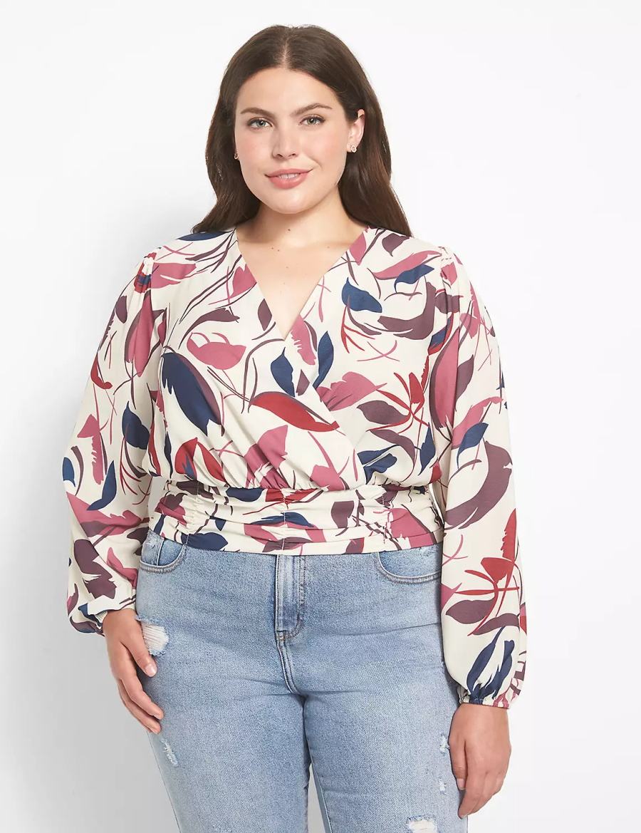 Women Lane Bryant Classic Long-Sleeve Surplice-Neck Shirred-Waist Crop Blouse White Multicolor | CIK594IX