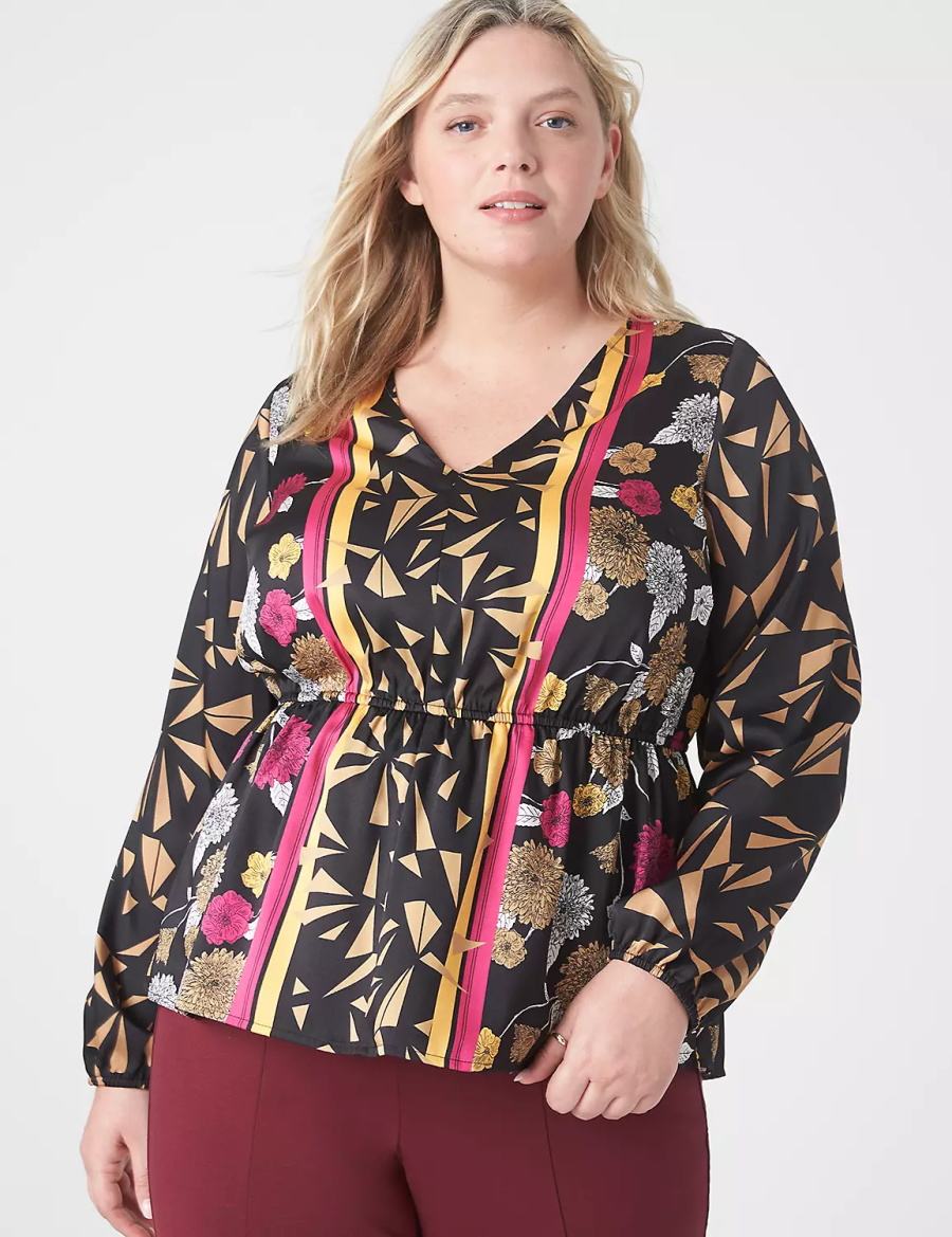 Women Lane Bryant Classic Long-Sleeve V-Neck Peplum Blouse Gold Multicolor | IXW4823YX