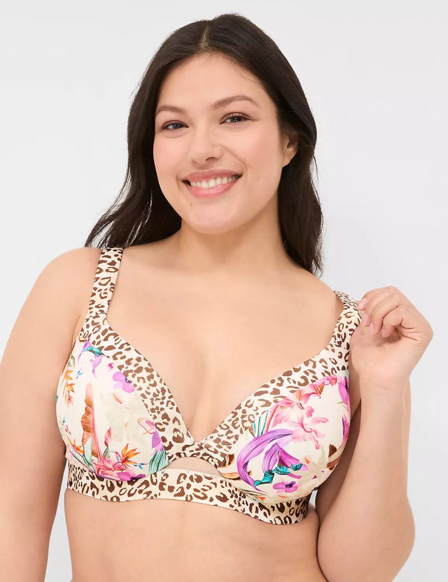 Women Lane Bryant Comfort Bliss Lightly Lined Plunge Bralettes White Multicolor | VXH1554BC