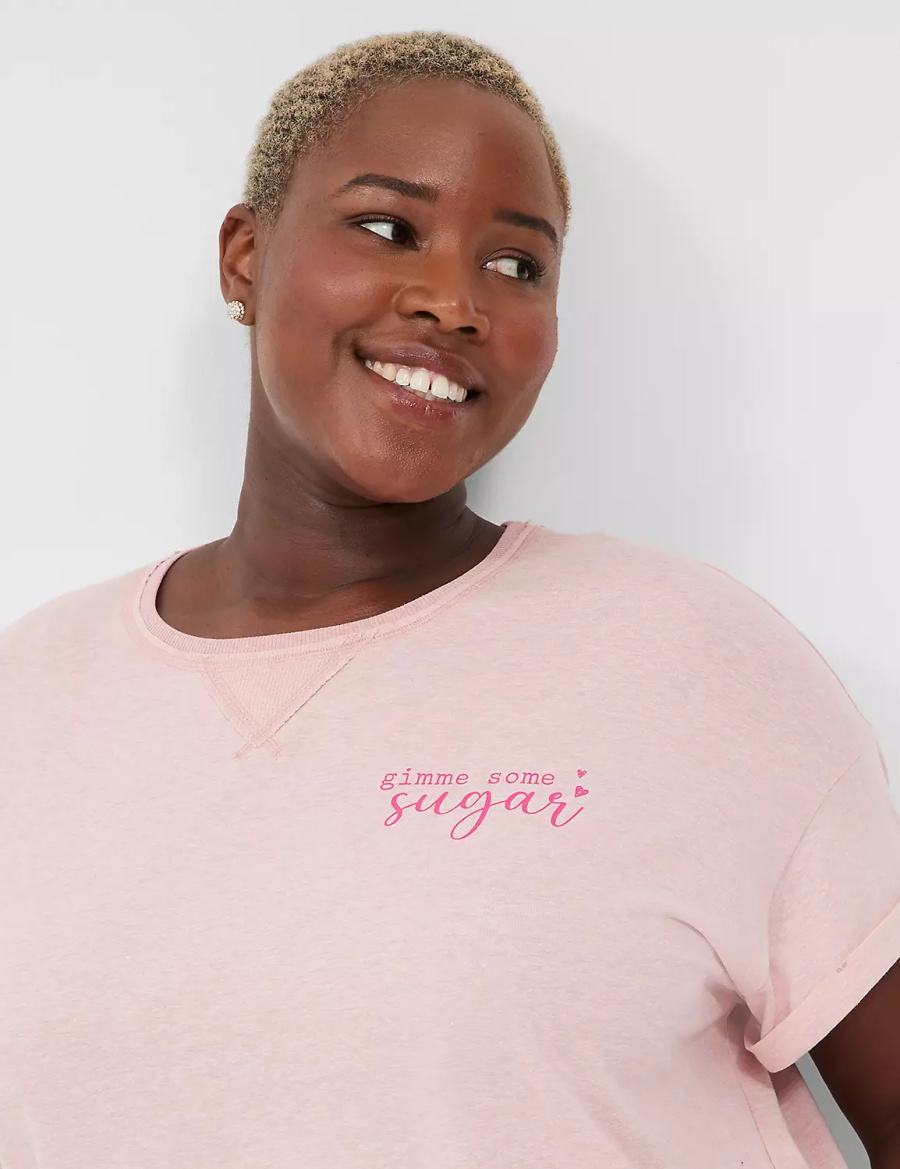 Women Lane Bryant Comfy Cotton Boyfriend Tee & Thermal Short PJ Set Pajamas Pink White | QLK8545NO