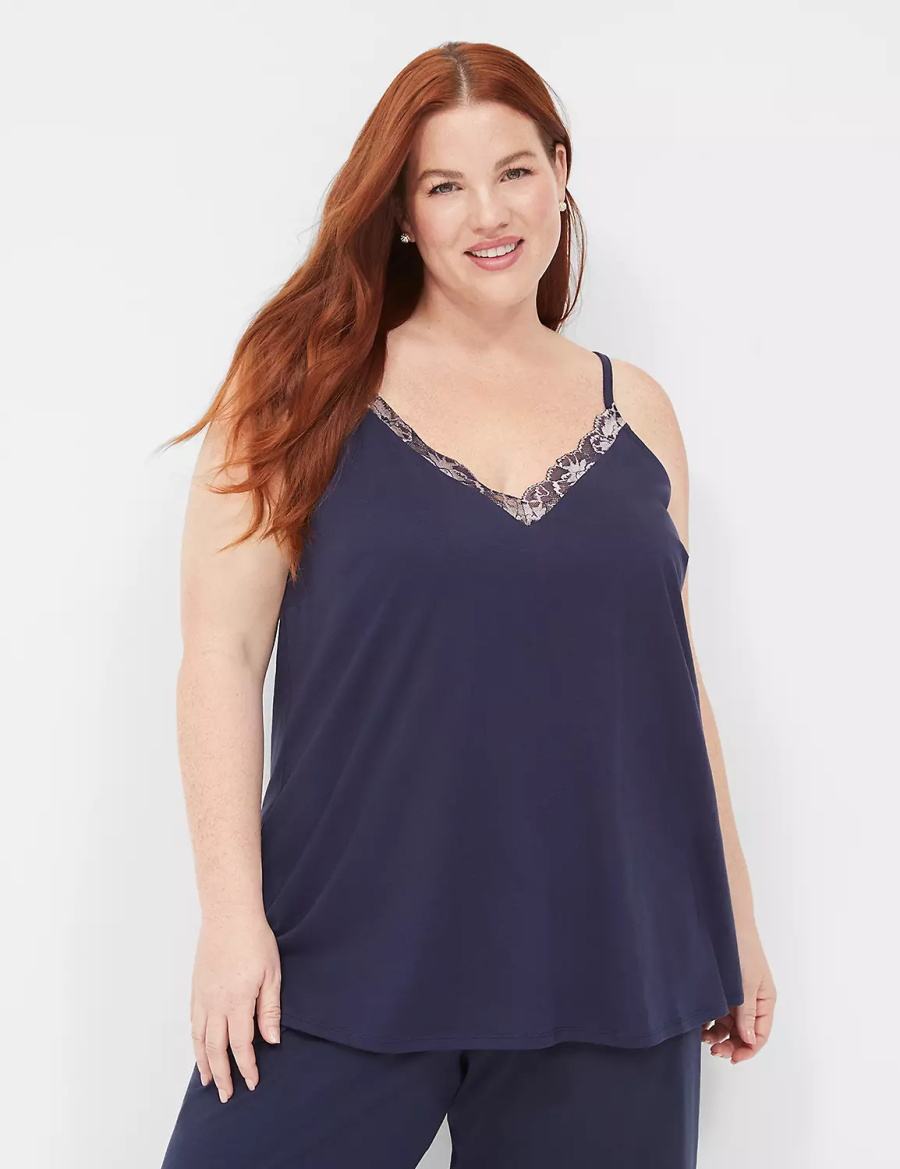 Women Lane Bryant Comfy Cotton Lace-Trim Cami Tanks Blue | VNE5123NZ