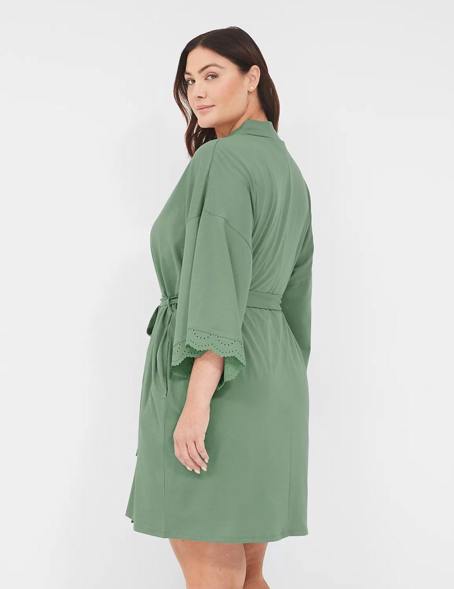 Women Lane Bryant Comfy Cotton Lace-Trim Robe Green | LOR897MM