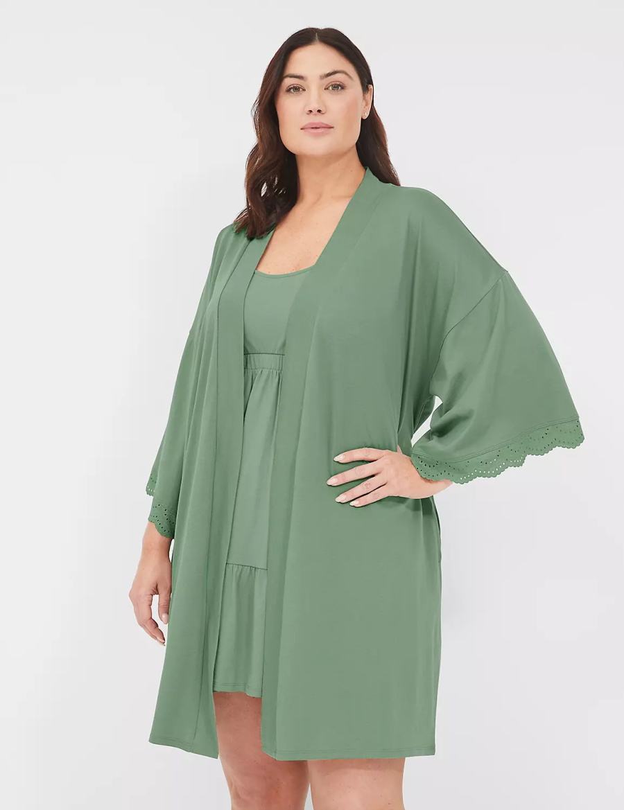 Women Lane Bryant Comfy Cotton Lace-Trim Robe Green | LOR897MM