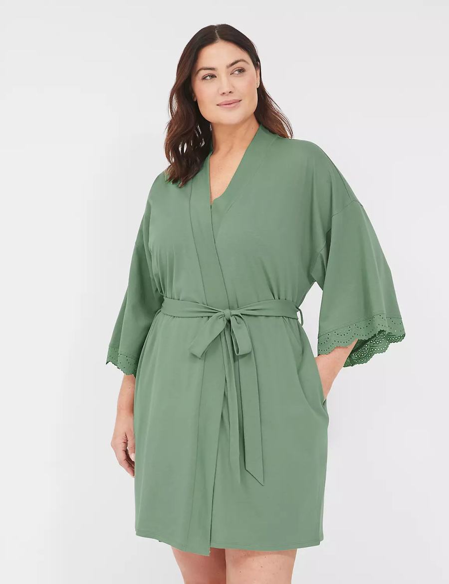 Women Lane Bryant Comfy Cotton Lace-Trim Robe Green | LOR897MM