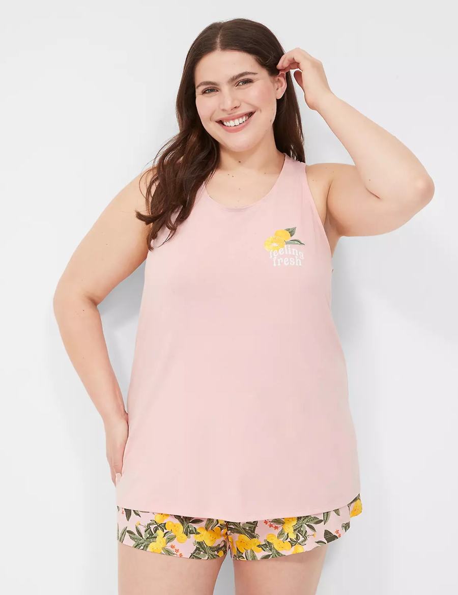 Women Lane Bryant Comfy Cotton Racerback Tank & Short PJ Set Pajamas Pink Multicolor | XUW3469ZS