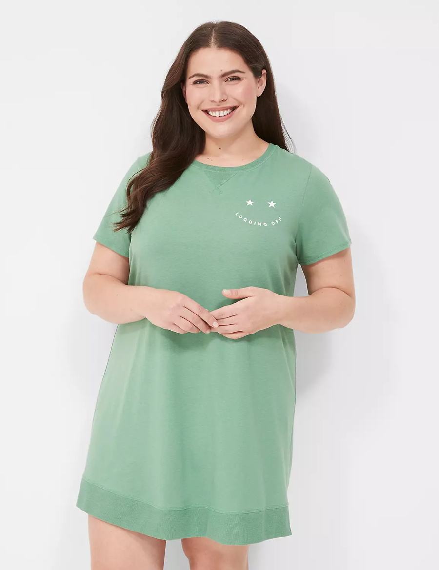 Women Lane Bryant Comfy Cotton Rib-Trim Sleepshirt T Shirts Green | IOF8637MG