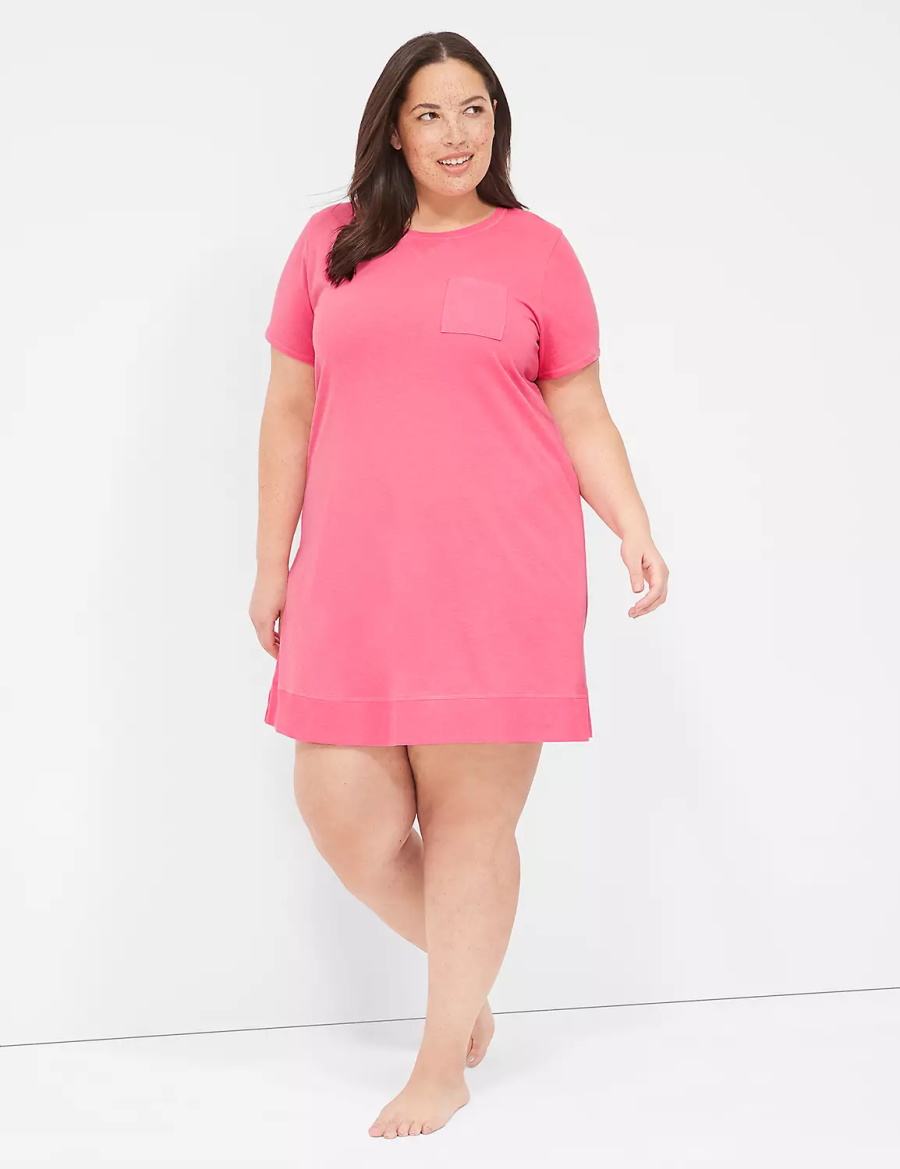 Women Lane Bryant Comfy Cotton Rib-Trim Sleepshirt T Shirts Pink | GWO5375VW