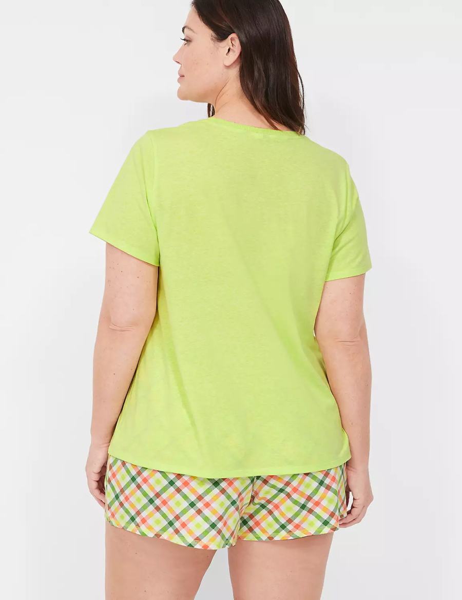 Women Lane Bryant Comfy Cotton Rib-Trim Tee & Short PJ Set Pajamas Green Multicolor | PVY1862SI