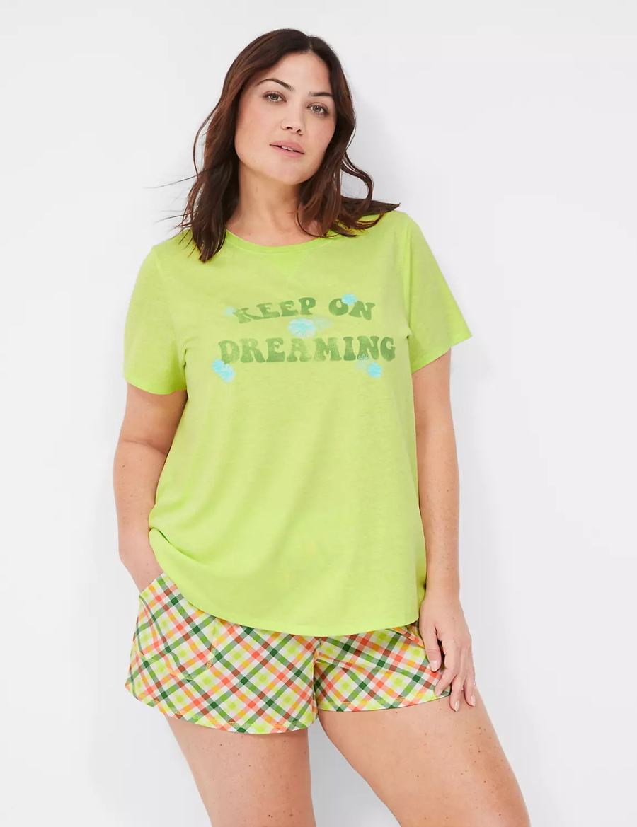 Women Lane Bryant Comfy Cotton Rib-Trim Tee & Short PJ Set Pajamas Green Multicolor | PVY1862SI