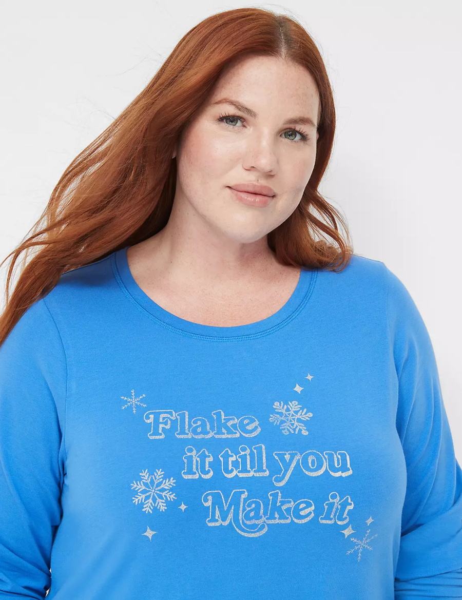 Women Lane Bryant Comfy Cotton Shirt & Pant PJ Set Pajamas Blue Multicolor | BKW10024KE