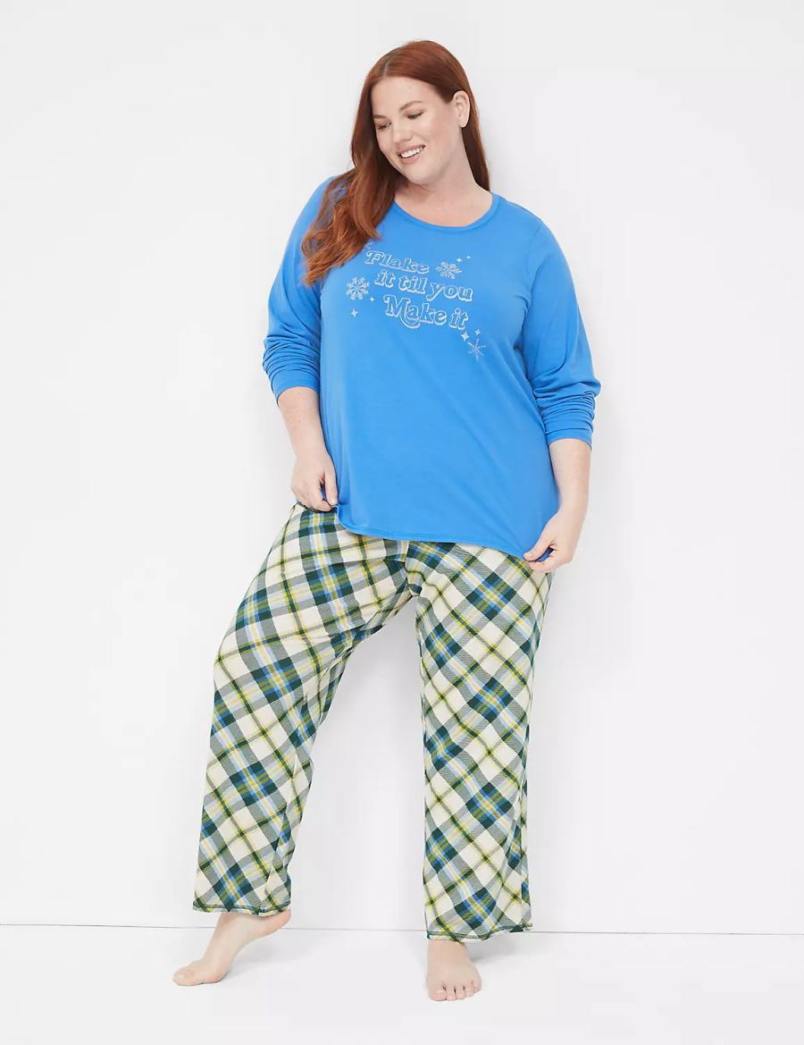 Women Lane Bryant Comfy Cotton Shirt & Pant PJ Set Pajamas Blue Multicolor | BKW10024KE