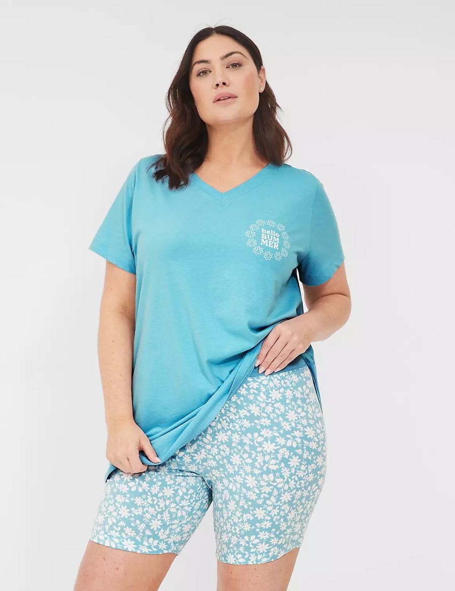 Women Lane Bryant Comfy Cotton Tee & Bike Short PJ Set Pajamas Blue Multicolor | ZEU7920XR