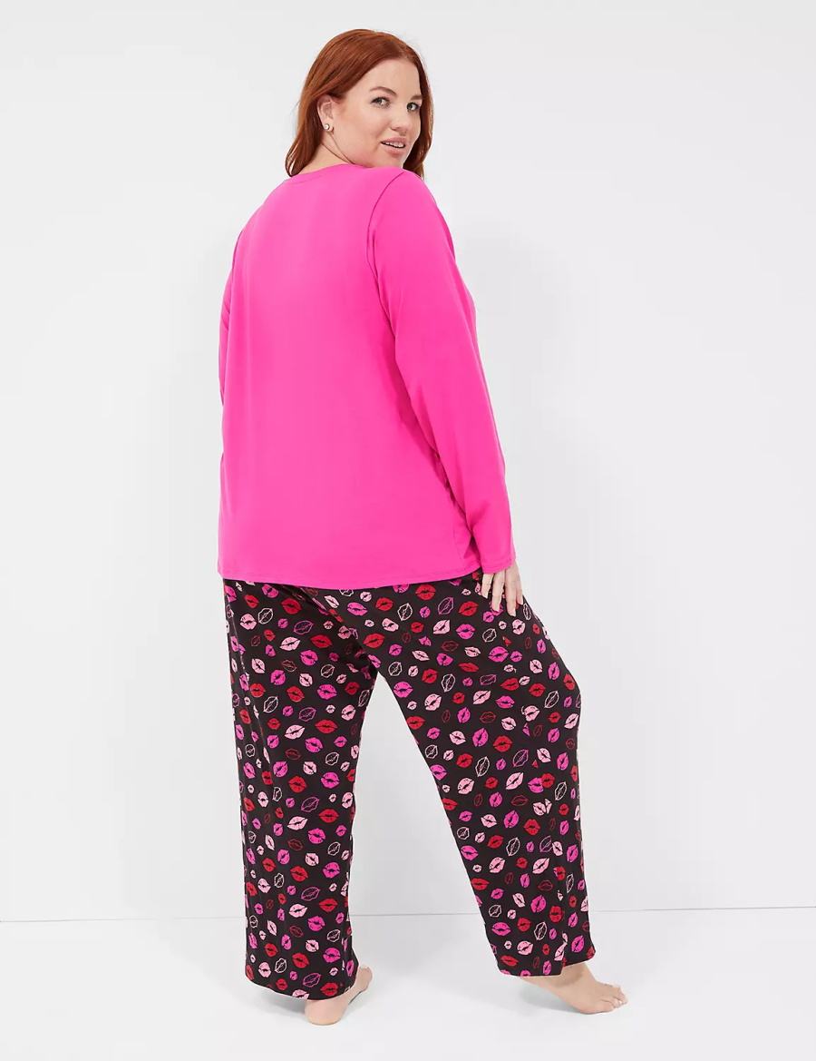 Women Lane Bryant Comfy Cotton V-Neck Tee & Block Pant PJ Set Pajamas Purple Multicolor | KSQ3756KO