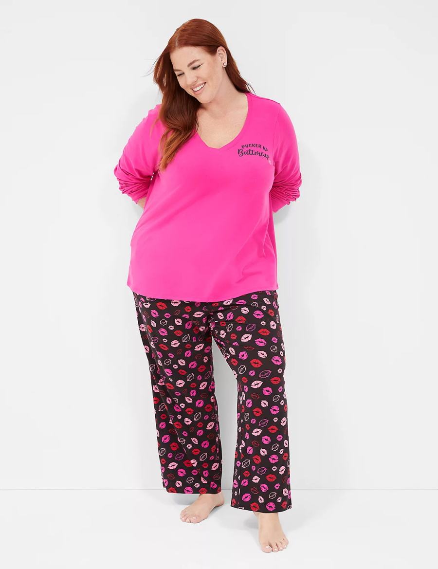 Women Lane Bryant Comfy Cotton V-Neck Tee & Block Pant PJ Set Pajamas Purple Multicolor | KSQ3756KO