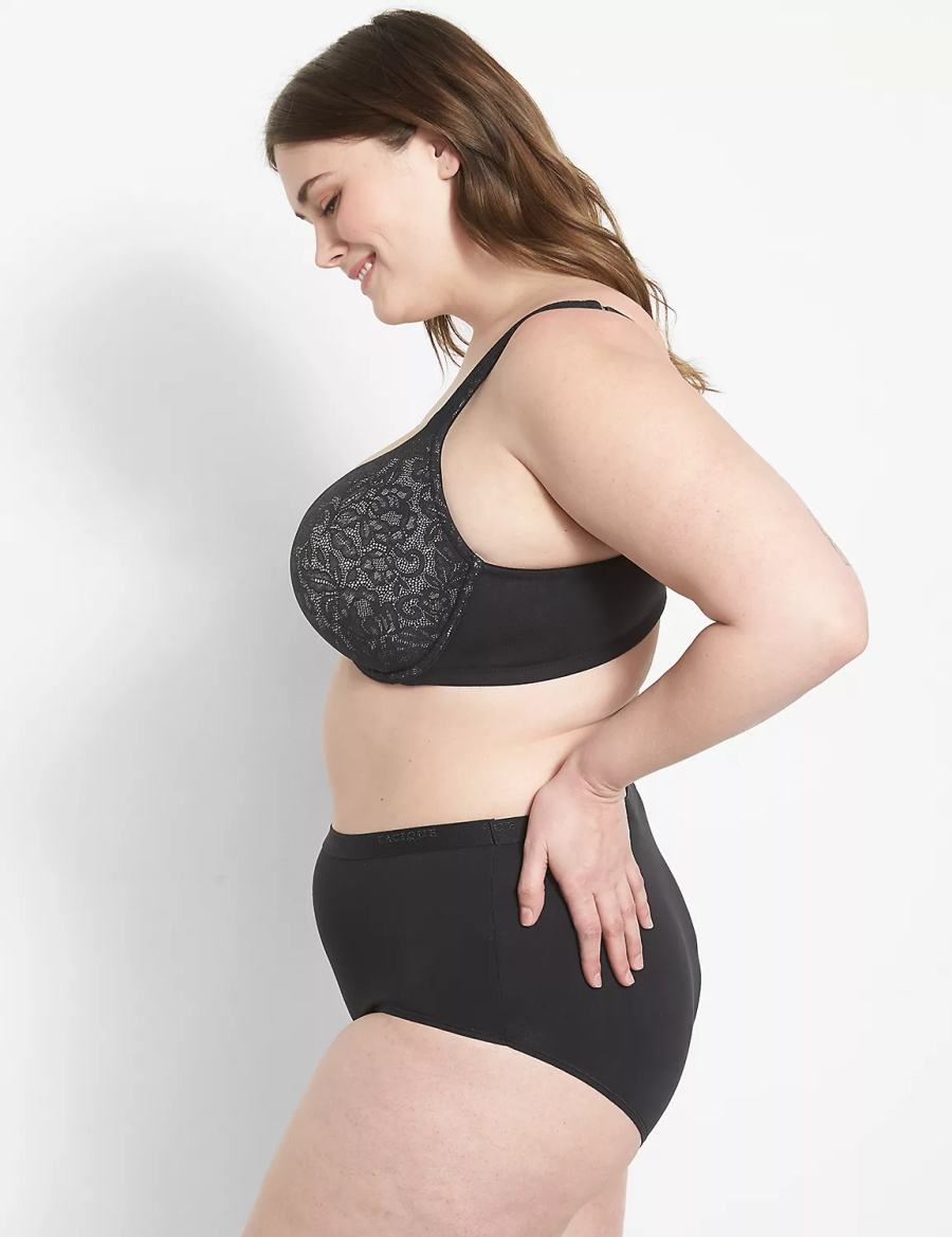 Women Lane Bryant Cotton Boost Plunge With Lace Bralettes Black | BMO1285ZM