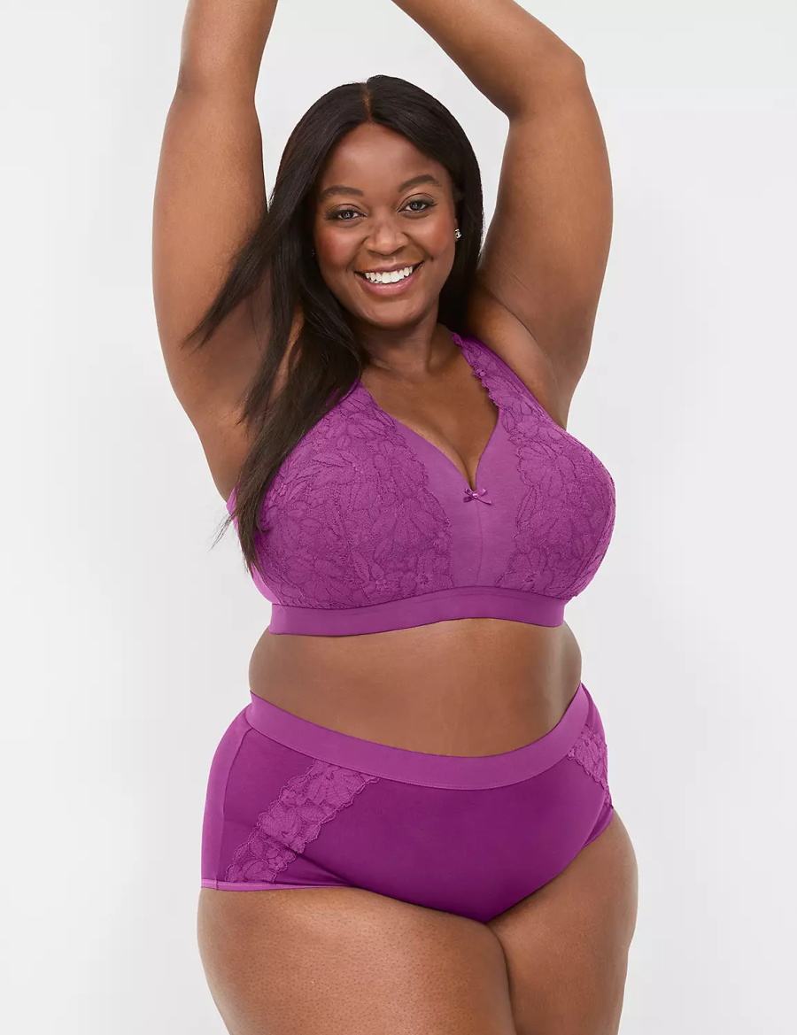 Women Lane Bryant Cotton Full With Lace Trim Briefs Purple | OPE3382PA