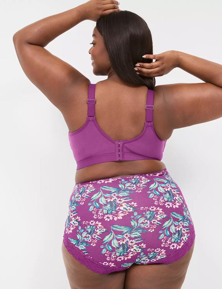 Women Lane Bryant Cotton High-Waist With Lace Back Briefs Purple | TCR7070ZL