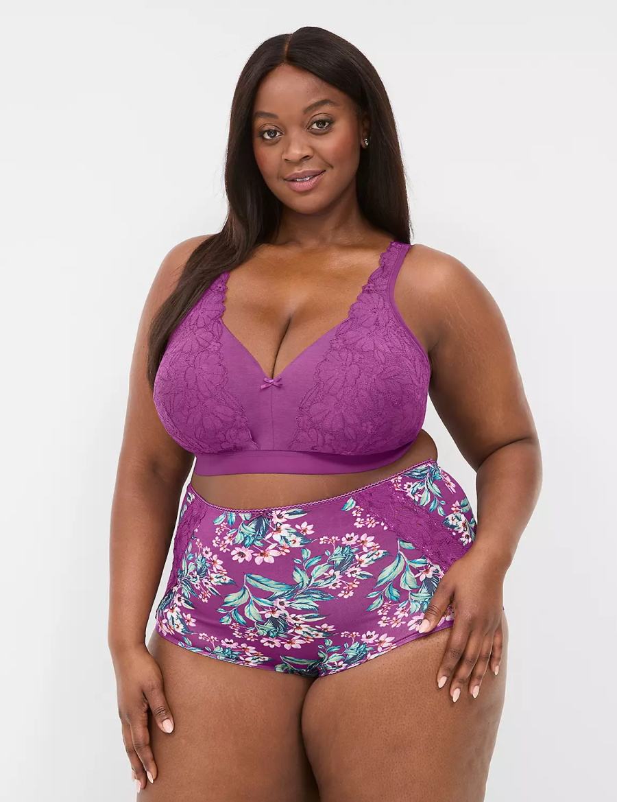 Women Lane Bryant Cotton High-Waist With Lace Back Briefs Purple | TCR7070ZL