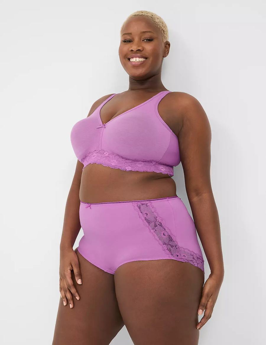 Women Lane Bryant Cotton No-Wire with Lace Unlined Bra Purple | YJN1799WI